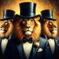 Lion trio wearing tuxedo suits and black top hat in oil painting art style on abstract yellow gradient background