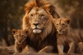 Lion and two lion cubs hanging out on the dry grass at savanna grassland in the evening, father and sons, protecting wildlife Royalty Free Stock Photo