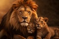 Lion and two lion cubs resting together in the evening, father and sons, protecting wildlife and biodiversity for a sustainable Royalty Free Stock Photo