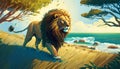 lion walking on a lawn with an ocean and sun in the background