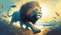 lion walking on a lawn with an ocean and sun in the background