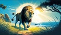 lion walking on a lawn with an ocean and sun in the background