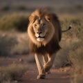 Lion walking towards camera in Kalahari desert, South Africa
