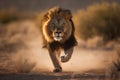 Lion walking towards the camera at sunset in the Kalahari desert, South Africa.