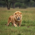 A lion walks through the African savannah with its mouth open. Royalty Free Stock Photo
