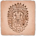 Lion in war bonnet, hand drawn animal illustration