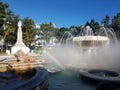 Lion water fountain in Ponce, Puerto Rico with rainbow