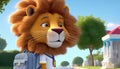 a lion holding backpack near a house in cartoon style Royalty Free Stock Photo