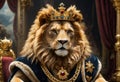 Lion wearing crown and gold chain. 3D illustration