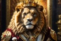 Lion wearing crown and gold chain. 3D illustration