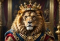 Lion wearing crown and gold chain. 3D illustration