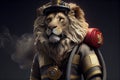 lion wearing a fire fighter uniform