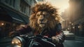 A lion wearing a leather jacket on a motorcycle