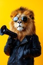 A lion wearing sunglasses and a leather jacket holding a megaphone Royalty Free Stock Photo