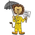 Lion wearing trench coat holding umbrella and sign