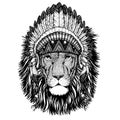 Lion Wild animal wearing inidan headdress with feathers. Boho chic style illustration for tattoo, emblem, badge, logo