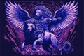 a lion with wings and a winged figure on it\'s back, with a purple background and a purple background