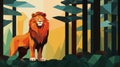 Lion In The Woods: Low Poly Landscape Art With Distinctive De Stijl Illustration