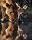 Lion and zebra drinking water from the same pond Royalty Free Stock Photo