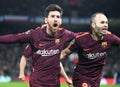 Lionel Messi celebrates goal with Andres Iniesta