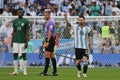 Lionel Messi celebrates his team first goal to make the score during the match between Argentina National Team