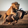 Lioness attacks a wildebeest in the grassy savannah