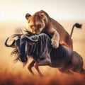 Lioness attacks a wildebeest in the grassy savannah