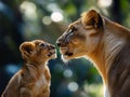 Lioness and Cub Bonding in Close-Up Royalty Free Stock Photo