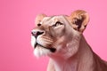 Lioness in front of pink studio background