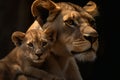Lioness hanging out with lion cub close up shot on black background, mother and child lovely lion family, protecting wildlife Royalty Free Stock Photo
