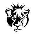 Queen lioness head with royal crown black and white vector portrait