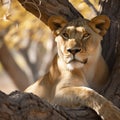 Lioness laying down in the shade on a beautiful sunny day. Created using ai generated.