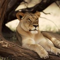 Lioness laying down in the shade on a beautiful sunny day. Created using ai generated.