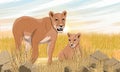 A lioness and lion cub are resting in the African savannah. African wild predators. Royalty Free Stock Photo