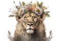 lioness lion face with floral flower crown on head isolated on white in style of art illustration drawing painting