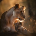 Lioness-mother with a cub, Cute portrait. Royalty Free Stock Photo