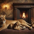 Lioness rests with cubs in front of open fire