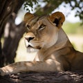 Lioness sitting in a shaded area under a big tree. Created using ai generative.