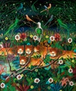 Lionesses and Tropical Birds, Plants, and Flowers Naive Painting