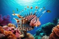 A lionfish swims gracefully over a vibrant and diverse coral reef teeming with life, Tropical lionfish swimming near coral reefs, Royalty Free Stock Photo