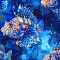 Lionfish Watercolor Pattern on Deep Blue Background Royalty Free Stock Photo
