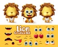 Lions animal characters creator vector set. Lion animals character editable eyes and mouth body parts create kit with different.