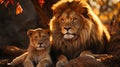 Lions family closed up in safari. Generative AI
