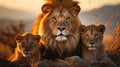 Lions family closed up in safari. Generative AI