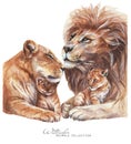 Lions family watercolor illustration. Royalty Free Stock Photo