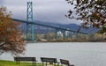 Lions Gate Bridge, Fall Color, Autumn leaves, City Landscape in Stanley Paark, Downtown Vancouver, British Columbia Royalty Free Stock Photo