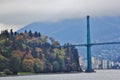 Lions Gate Bridge, Fall Color, Autumn leaves, City Landscape in Stanley Paark, Downtown Vancouver, British Columbia Royalty Free Stock Photo