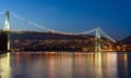 Lions Gate Bridge at twilight. View from Stanley Park Seawall. Vancouver, Canada. Royalty Free Stock Photo