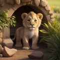 Little cute lion standing and looking forward near his den