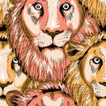 Lions heads seamless pattern. Vector illustration on black background Royalty Free Stock Photo